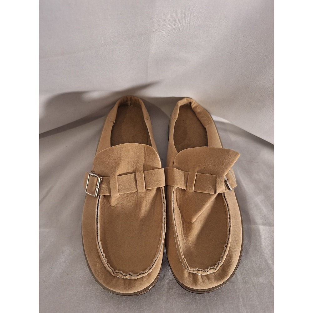 Tan Faux Suede Buckle Strap Mule‎ Loafers Round Moc Toe EUR 40 New